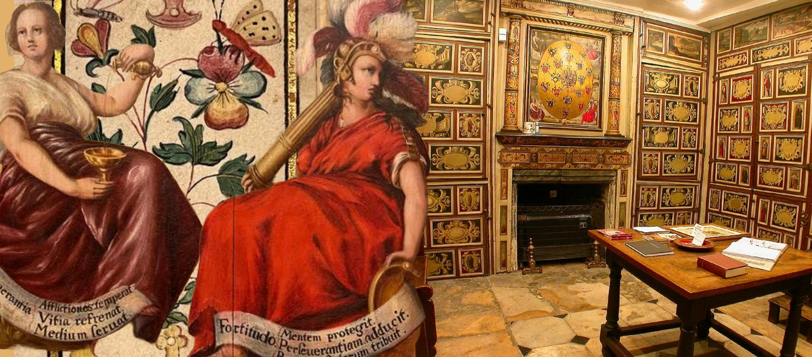 Composite photograph of the Kedermister Library fireplace and painted wooden panels